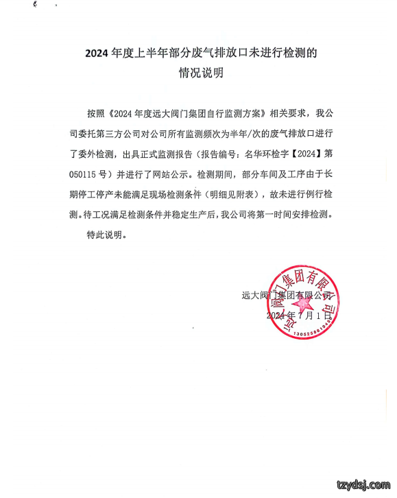2024 年度上半年部分废气排放口未进行检测的情况说明