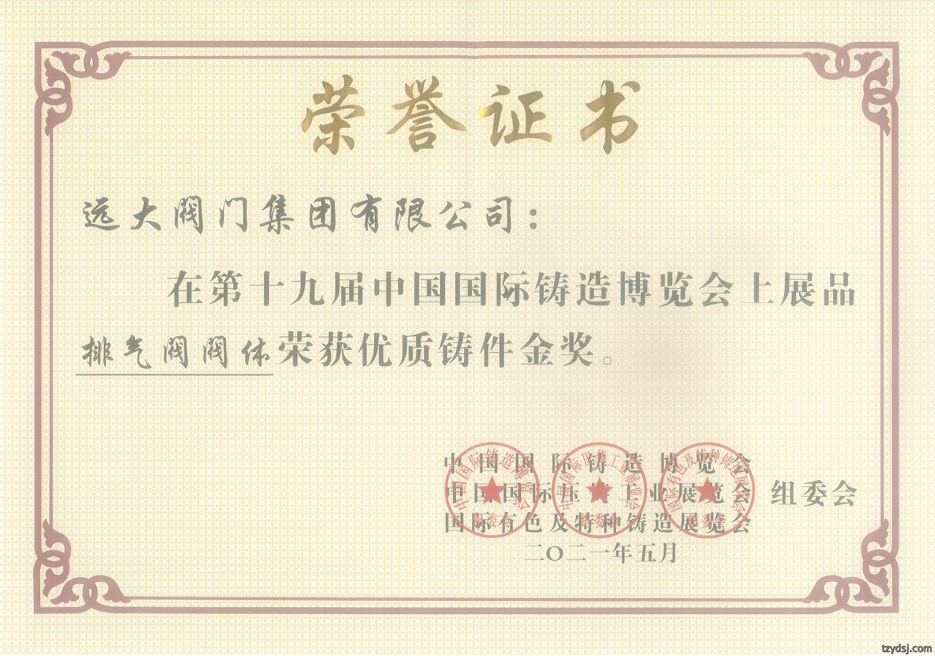 第十九届中国国际铸造博览会优质铸造金奖-排气阀阀体